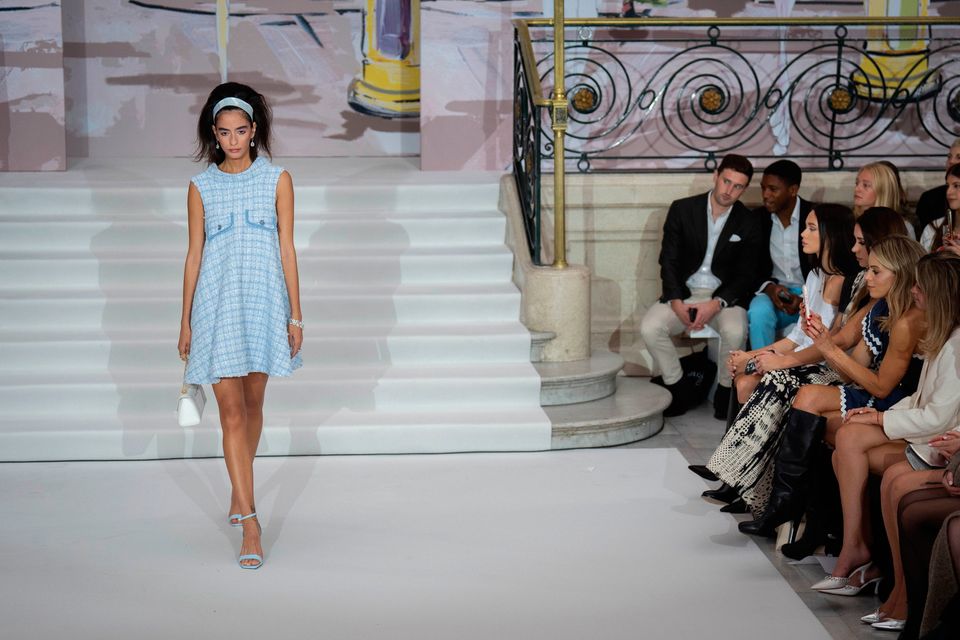 Models on the catwalk during the Paul Costelloe show in the Palm Court at the Waldorf hotel, central London, during London Fashion Week on Friday September 13, 2024. Photo: James Manning/PA Wire