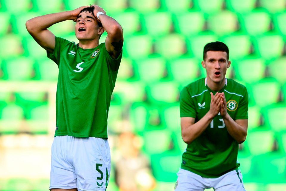 Anselmo Garcia McNulty reacts after missing a chance against Latvia for the Irish U-21s at Tallaght Stadium in 2024. Photo: Sportsfile