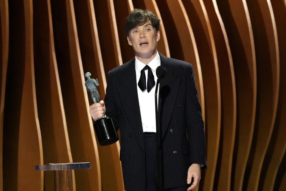Cillian Murphy accepts the award for outstanding performance by a male actor in a leading role for Oppenheimer during the 30th annual Screen Actors Guild Awards (AP Photo/Chris Pizzello/PA)