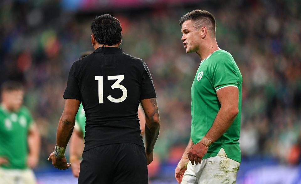 Ireland's Jonathan Sexton and New Zealand's Rieko Ioane exchange pleasantries at the Stade de France in Paris, France. Photo: Ramsey Cardy/Sportsfile