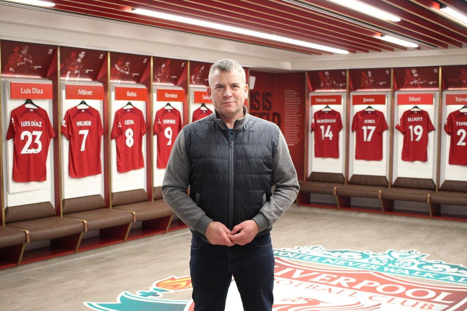 Presenter Dara Ó Cinnéide in the Anfield dressing room during his new documentary series for TG4