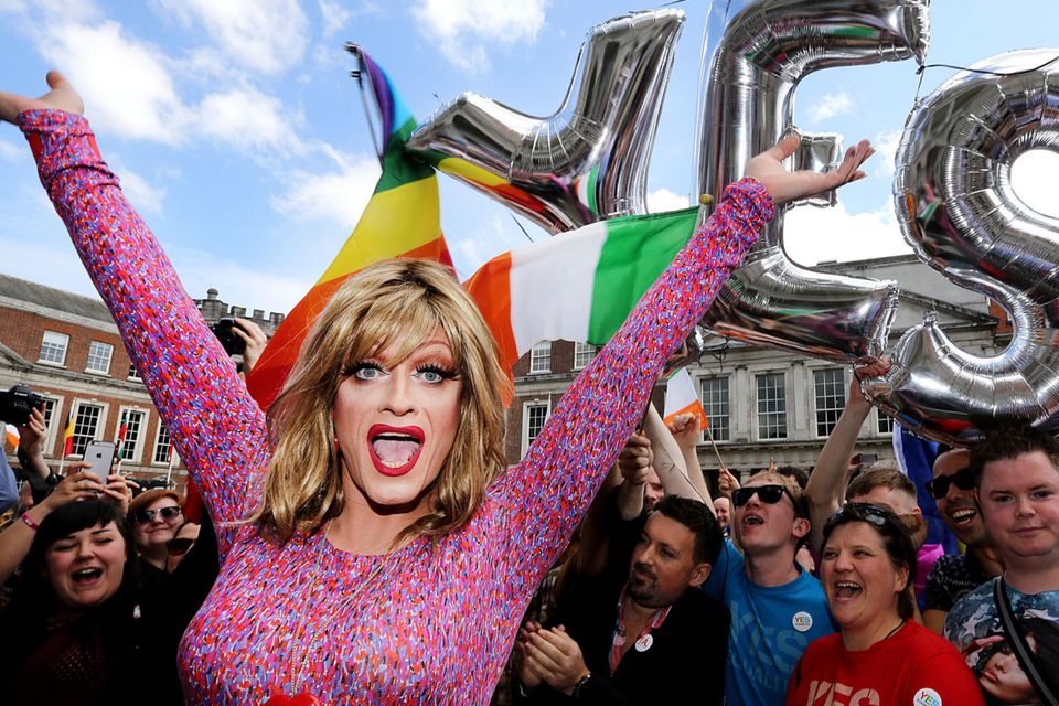 Rory O'Neill aka Panti Bliss, in the upper yard of Dublin Castle to celebrate the Yes vote. Photo: Gerry Mooney