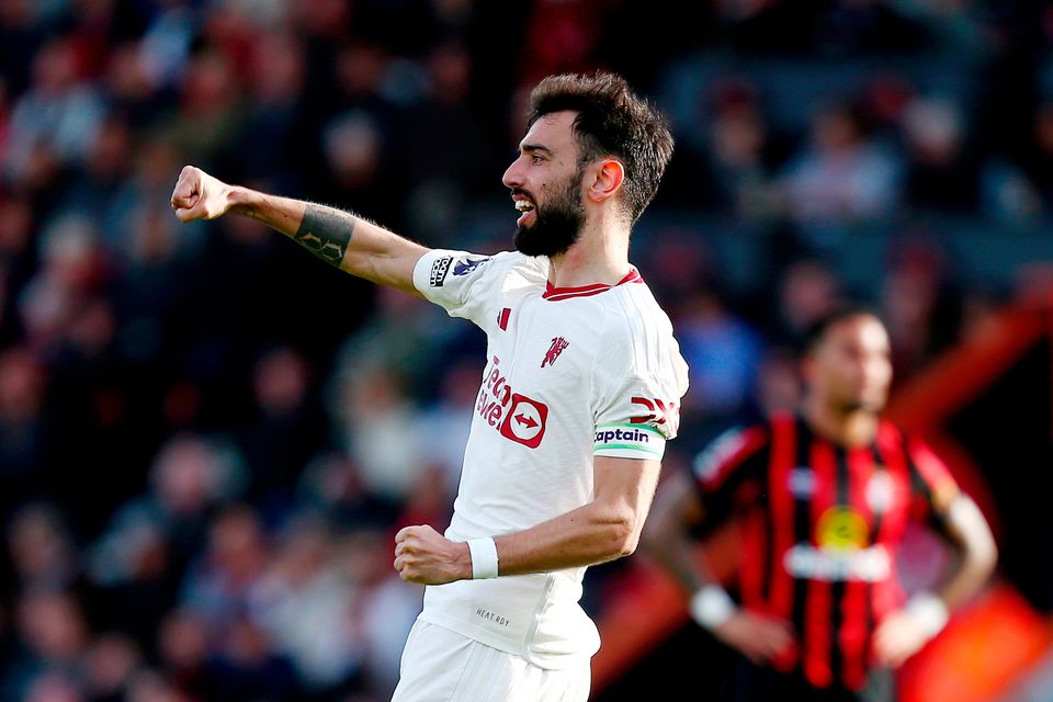 BOURNEMOUTH, ENGLAND - APRIL 13: Bruno Fernandes of Manchester United celebrates scoring his team's first goal  during the Premier League match between AFC Bournemouth and Manchester United at Vitality Stadium on April 13, 2024 in Bournemouth, England. (Photo by Charlie Crowhurst/Getty Images) (Photo by Charlie Crowhurst/Getty Images)