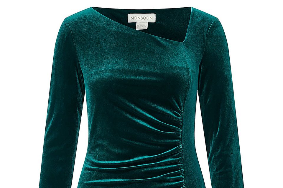 green emerald velvet dress Raven Crepe and Velvet Dress in Dark-Green – Rhea Costa main image 1