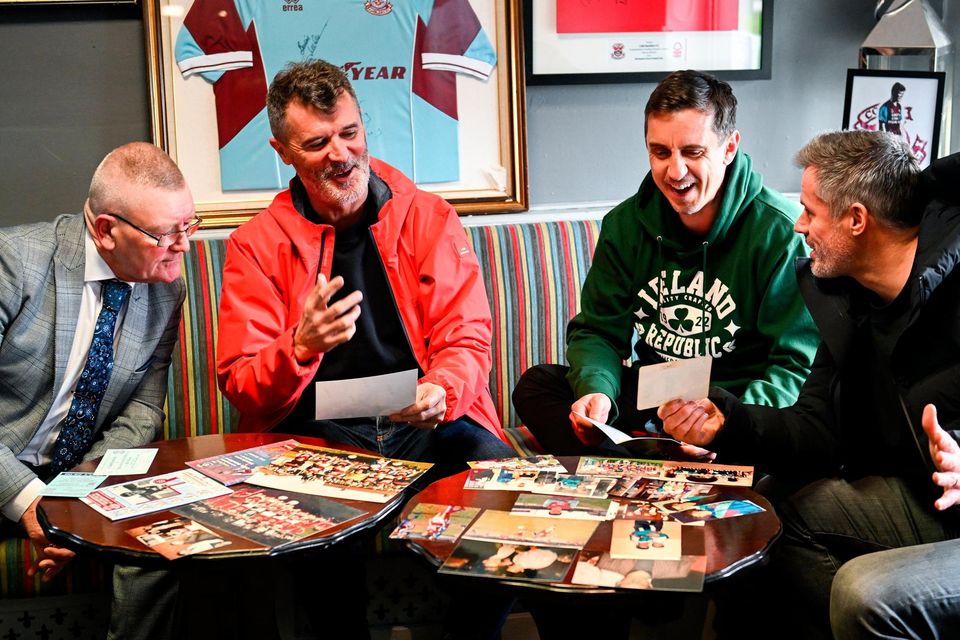 At St Colman's Park, home of Cobh Ramblers FC, was former Cobh Ramblers player Bob O'Donovan, left, with footballing legends, from left, Roy Keane, Gary Neville and Jamie Carragher. Photo: David Fitzgerald/Sportsfile