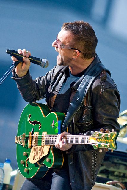 Bono performs on stage for the second night of U2's 360 Degrees World Tour in their home town at Croke Park on July 25, 2009 in Dublin, Ireland. (Photo by Neil Lupin/Redferns)