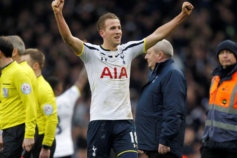 Tottenham Hotspur's English striker Harry Kane (C) celebrates victory after the final whistle during the English Premier League football match between Tottenham Hotspur and Arsenal at White Hart Lane in London, on February 7, 2015