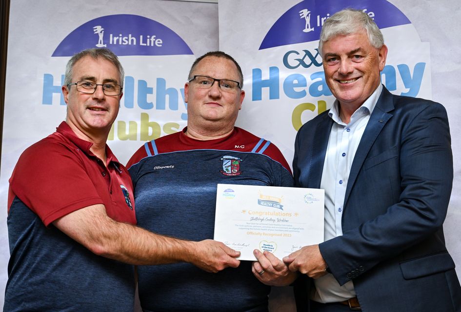Nathan Clements and Mark Dempsey of Shilleagh-Coolboy GAA Cub being presented with their gold award by Leinster Council Health and Wellbeing Chairperson Dave Murray at the Killeshin Hotel in Portlaoise, Laois.