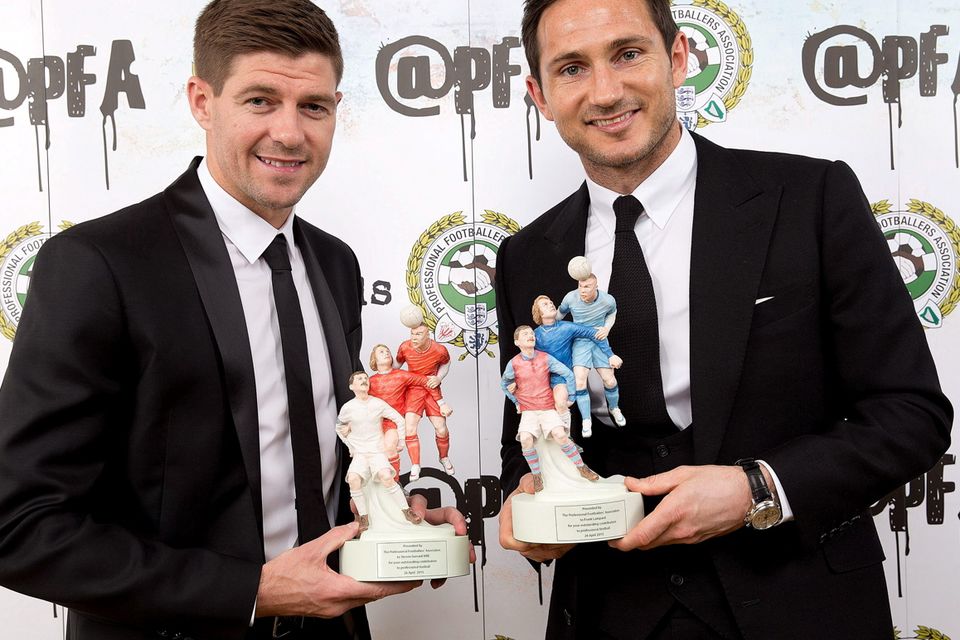 File photo dated 26-04-2015 of Winner of the PFA's Merit award Steven Gerrard and Frank Lampard (right) during the PFA Awards at the Grosvenor House Hotel, London. 
Barrington Coombs/PA Wire.