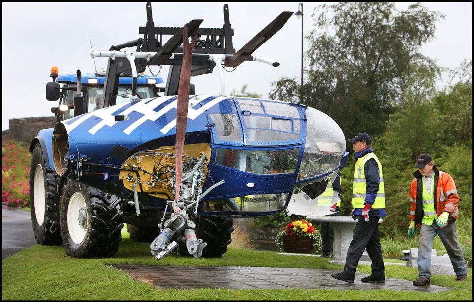 Members Irish Aviation Autority and Aviation Accident Investigation Unit removing the helicopter from the crash site at the Rustic Inn pub in Abbeyschrule Longford.
Pic Steve Humphreys
16th July 2015.