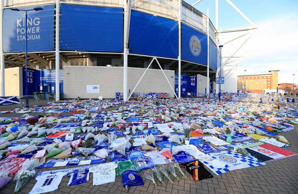 Tributes at Leicester City following Saturday’s helicopter crash (Mike Egerton/PA)