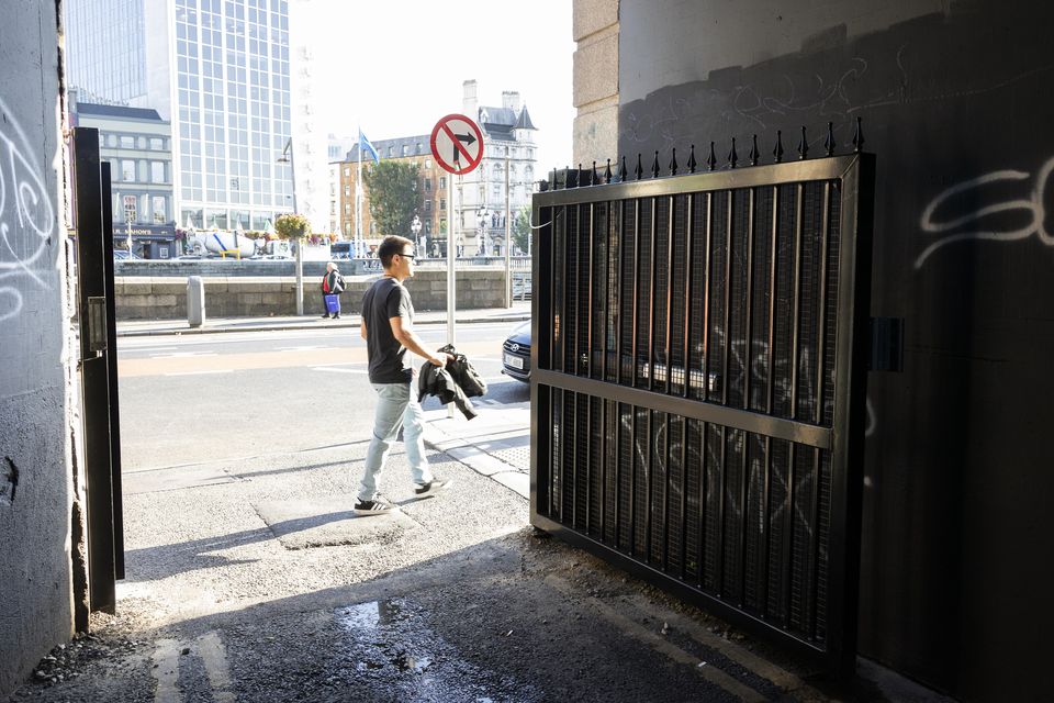 The gates closing off the laneway at Harbour Court. Pic: Sam Boal/Collins Photos