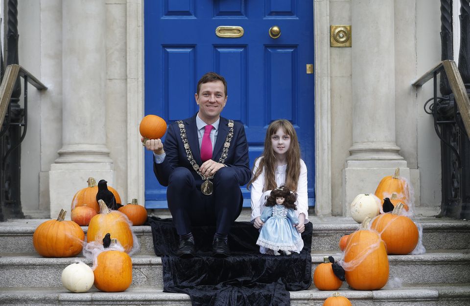 Lord Mayor of Dublin James Geoghegan and 'ghost child' Chloe Kelly at the launch of The Mansion House Presents: A Paranormal Investigation & Family Friendly Pumpkin Patch