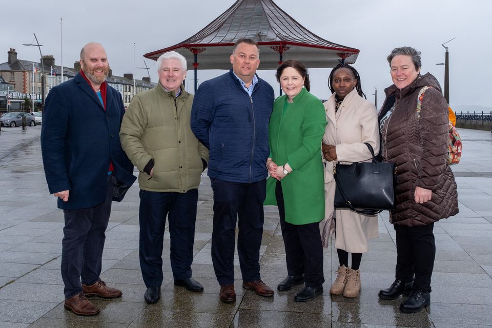 Ian McGahon, John Kenna, Cllr Paul O'Brien, Labour MEP candidate Niamh Hourigan, Anne Waithira Burke and Aoife Caomhánach, at the bandstand in Bray. Photo: Leigh Anderson.