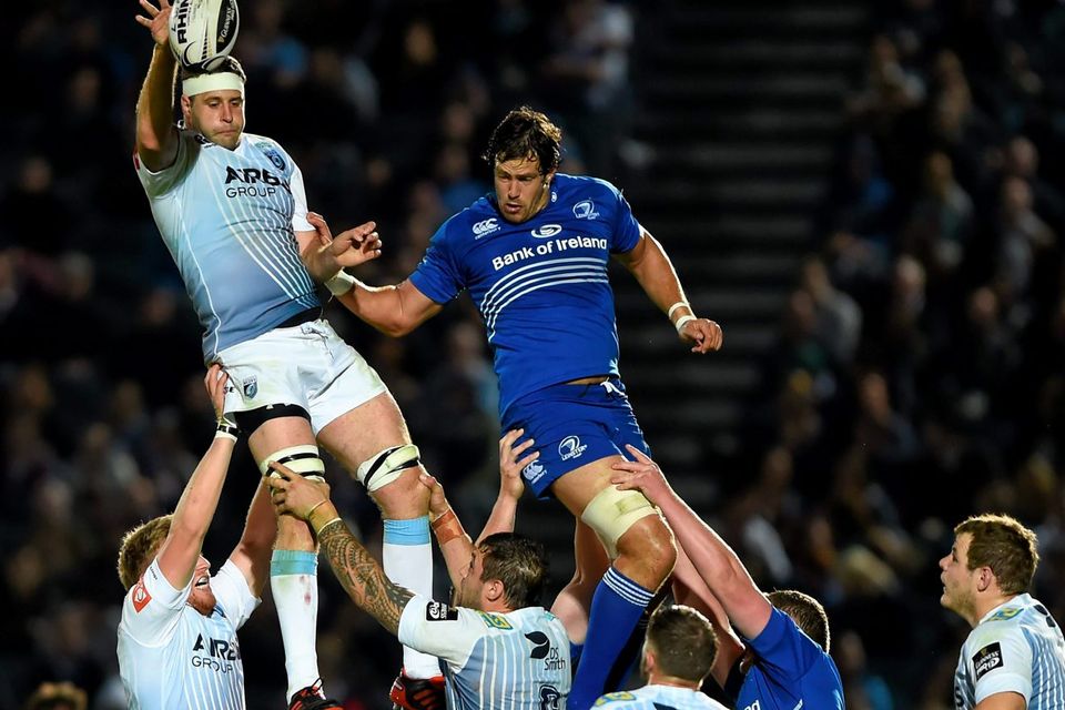 Chris Dicomidis, Cardiff Blues, takes possession in a lineout ahead of Mike McCarthy, Leinster