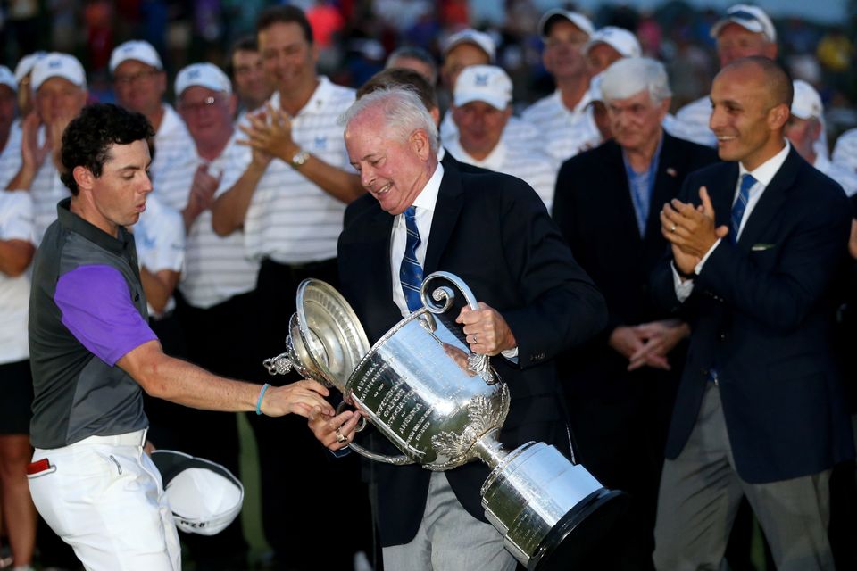 Rory McIlroy catches the lid of the Wanamaker trophy after his one-stroke victory in the 96th PGA Championship at Valhalla Golf Club on August 10, 2014 in Louisville, Kentucky.  (Photo by Andrew Redington/Getty Images)