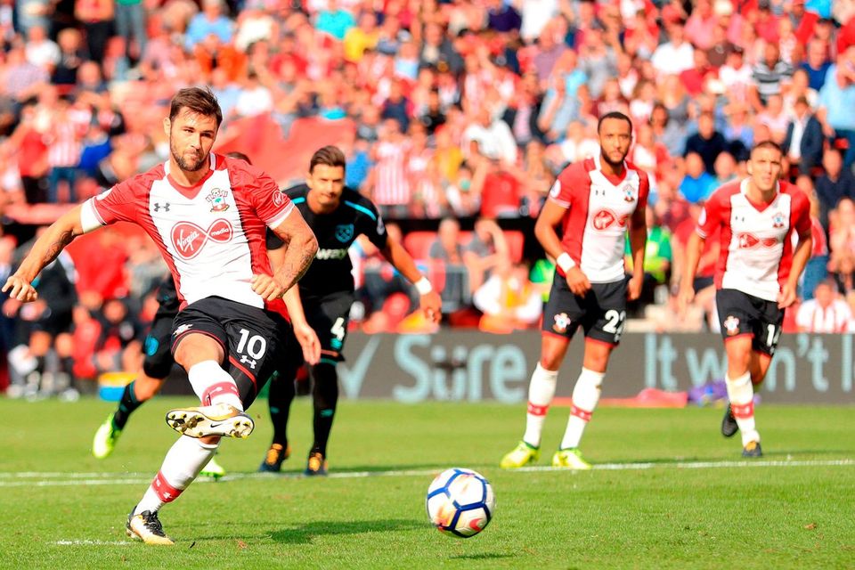 Southampton's Charlie Austin scores his side's third goal of the game from the penalty spot