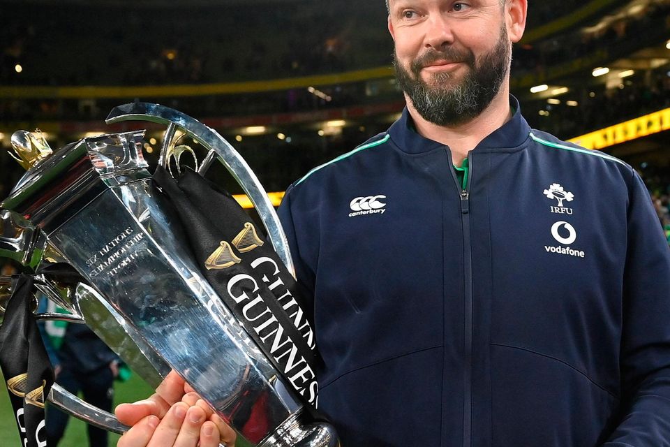 Head coach Andy Farrell celebrates with the Six Nations trophy