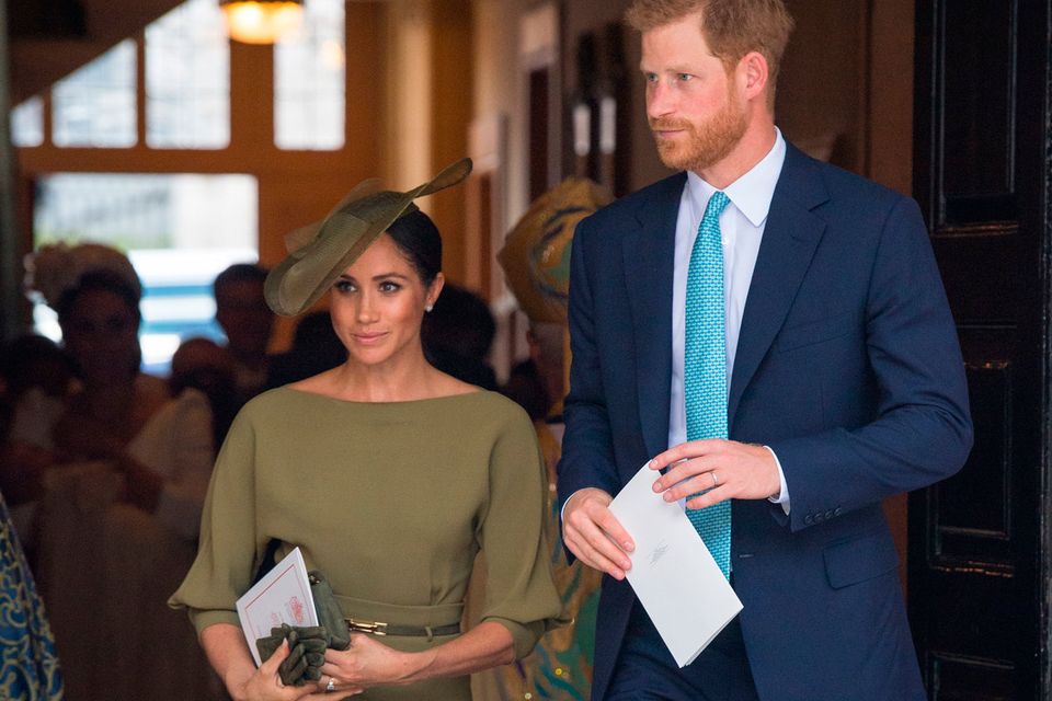 The Duke and Duchess of Sussex depart after attending the christening of Prince Louis at the Chapel Royal, St James's Palace on July 09, 2018 in London, England. (Photo by Dominic Lipinski - WPA Pool/Getty Images)