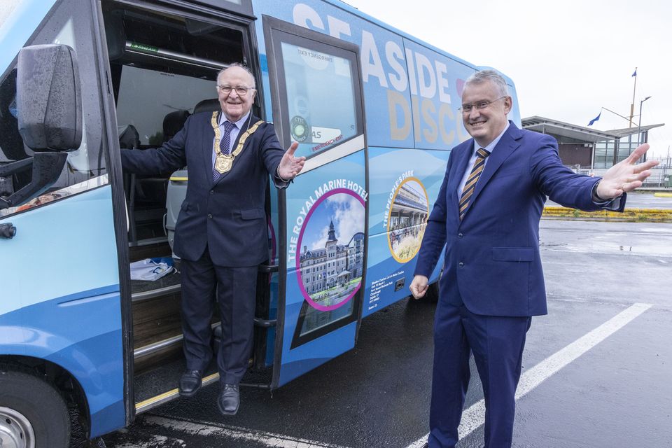 Councillor Denis O'Callaghan and Frank Curran of Dún Laoghaire-Rathdown County Council at the official launch of the Seaside Discovery bus tours