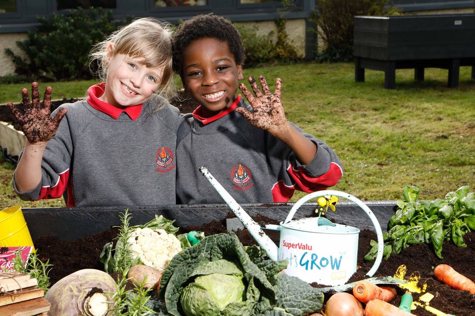 Students Olivia Wall (8) and Kendrick Bhekizulu (7) at Solas Chríost National School in Tallaght – who are taking part in the  SuperValu Let's GROW food growing project by GIY and SuperValu