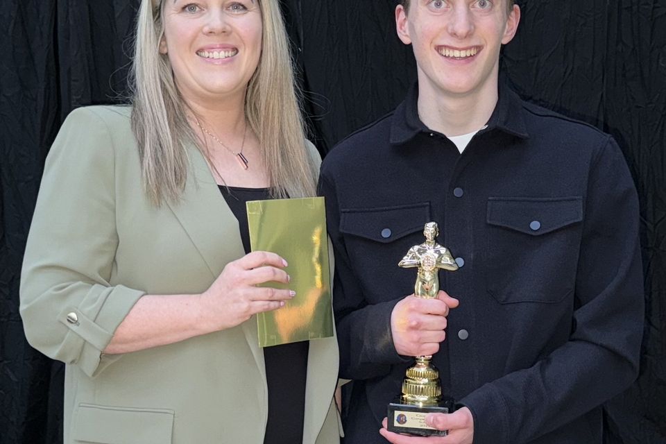 Michelle Mulvihill (English teacher) with Matthew Ryan who won the 'Best Actor in a Male Role' award for the film 'Runners'.