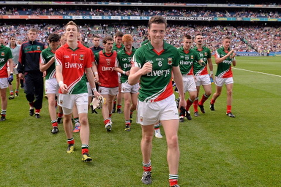 Mayo captain Stephen Coen celebrates as the players leave the pitch