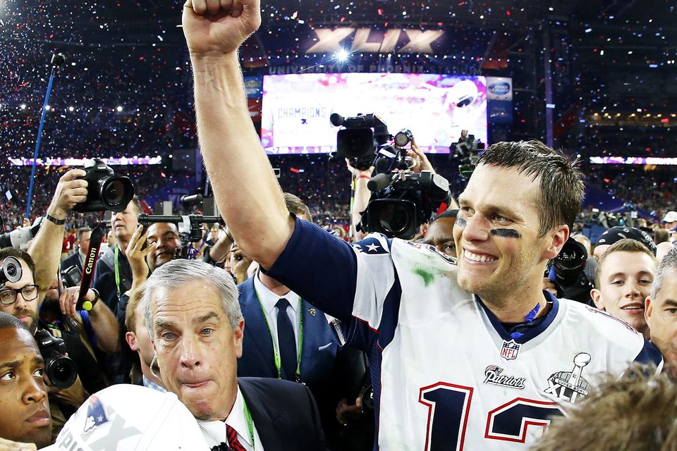 Tom Brady #12 of the New England Patriots celebrates after defeating the Seattle Seahawks 28-24 during Super Bowl XLIX at University of Phoenix Stadium on February 1, 2015 in Glendale, Arizona