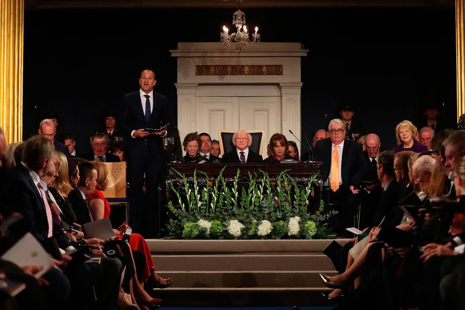 Taoiseach Leo Varadkar speaking at a ceremony at Dublin Castle in which Michael D Higgins will be inaugurated as president for a second term. Photo: Maxwells/PA Wire
