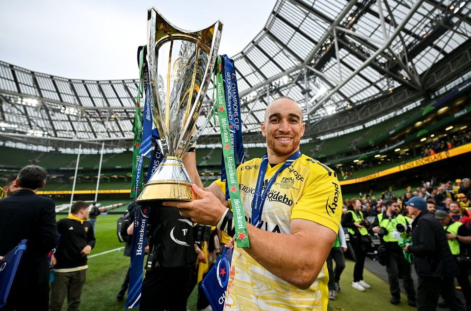Ultan Dillane of La Rochelle celebrates with the Champions Cup trophy after the Heineken Champions Cup Final Photo by Brendan Moran/Sportsfile