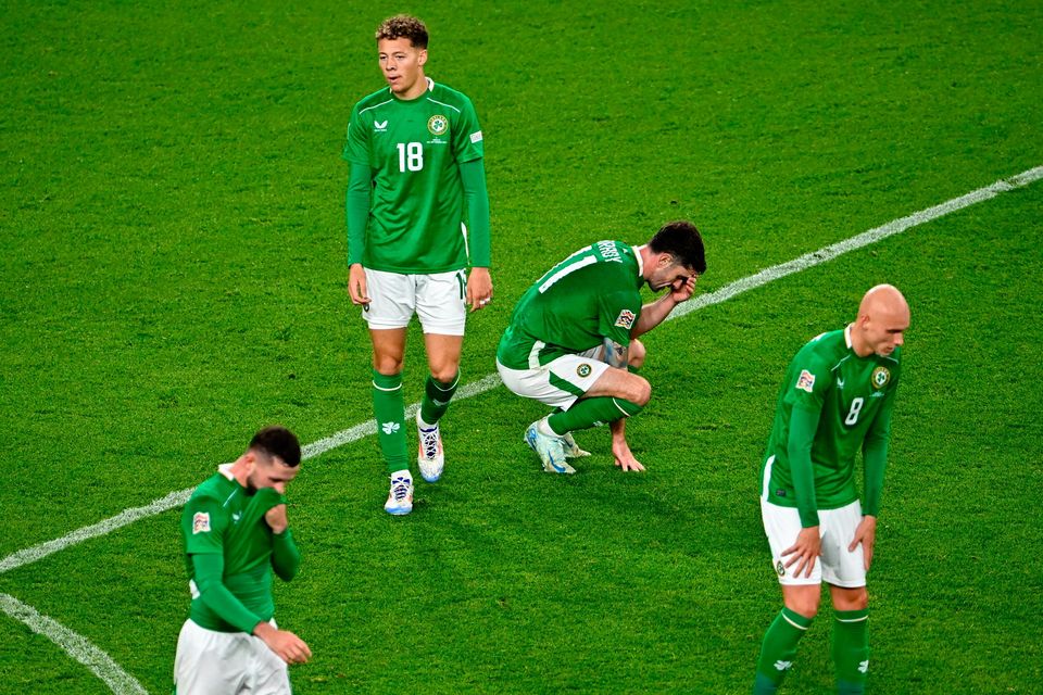 Alan Browne, Kasey McAteer, Robbie Brady and Will Smallbone after Ireland's defeat in the Uefa Nations League match against Greece at the Aviva Stadium in Dublin. Photo: Sportsfile