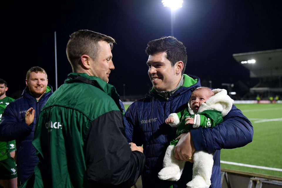 In March, Alex Wootton, pictured with son Oscar and Connacht captain Jack Carty below, announced his decision to hang up the boots. Photo: Tyler Miller/Sportsfile