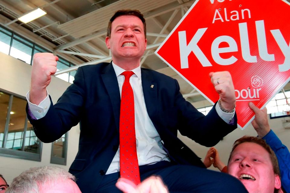 Labour's Alan Kelly  celebrates with his supporters at the  Count center in Thurles, after he won the last  seat in the Tipperary Constituency. Picture Credit : Frank Mc Grath
28/2/16