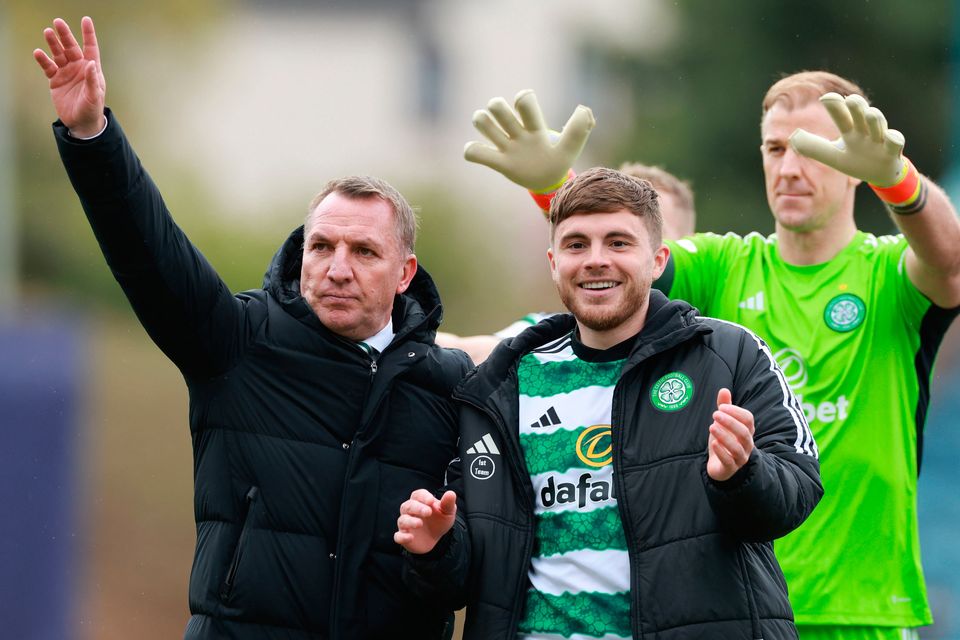 Celtic manager Brendan Rodgers, James Forrest and Joe Hart after the win over Dundee