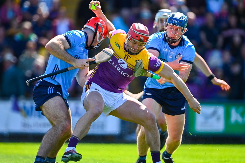 Lee Chin of Wexford in action against Paddy Smyth, left, and John Bellew of Dublin during the Leinster SHC round one match at Chadwicks Wexford Park in Wexford. Photo by Tyler Miller/Sportsfile