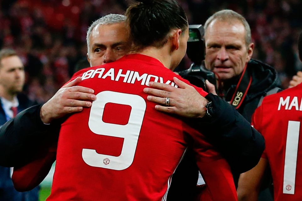 Manchester United's Zlatan Ibrahimovic embraces Jose Mourinho