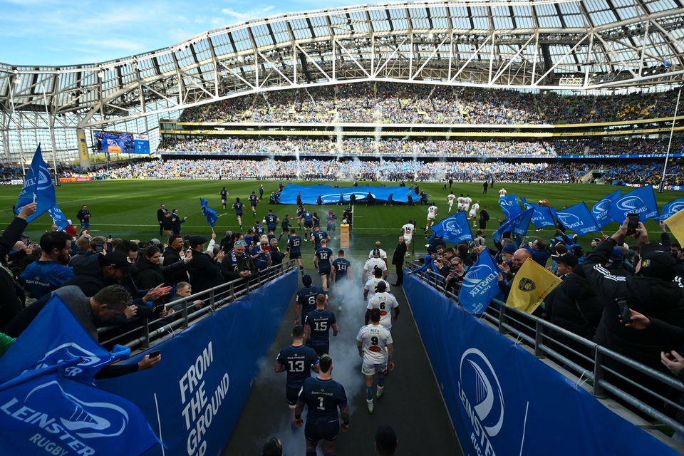 The teams walk out at the Aviva Stadium before the Champions Cup quarter-final between Leinster and La Rochelle. Croke Park's alcohol consumption policy could have repercussions for the '12-county army' this weekend. Photo by Ramsey Cardy/Sportsfile
