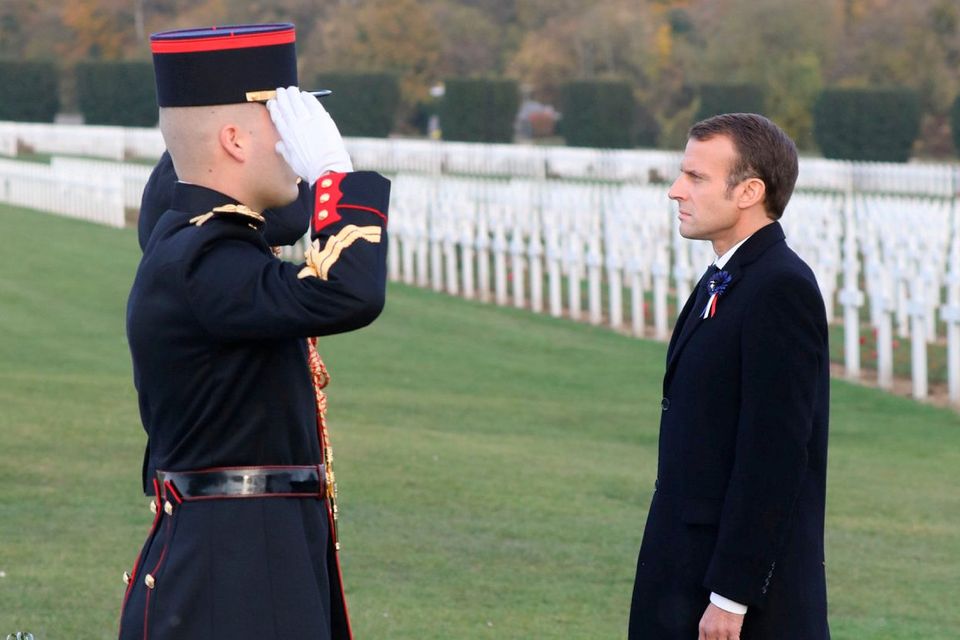 Salute: Emmanuel Macron attends a ceremony near Verdun, France, yesterday. Photo: Ludovic Marin/Pool via REUTERS
