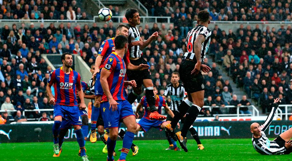 Mikel Merino of Newcastle United scores with a header   Photo: Getty
