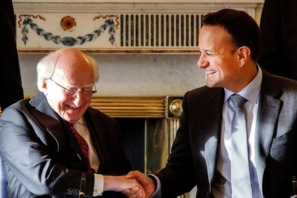 Sealed with handshake: Taoiseach Leo Varadkar met with President Michael D Higgins at Áras an Uachtaráin to dissolve the Dáil. Photo: Mark Condren