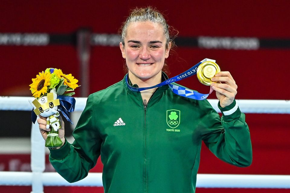 Boxer Kellie Harrington celebrates winning gold at the 2020 Olympics in Tokyo