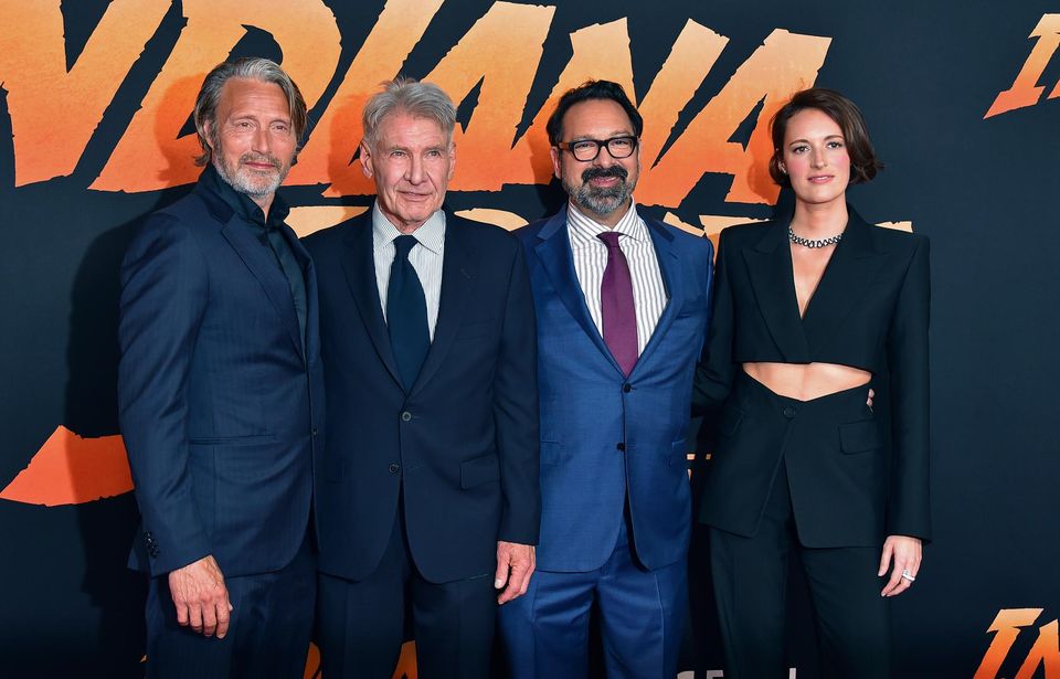 Mads Mikkelsen, from left, Harrison Ford, director James Mangold and Phoebe Waller-Bridge (Photo by Jordan Strauss/Invision/AP)