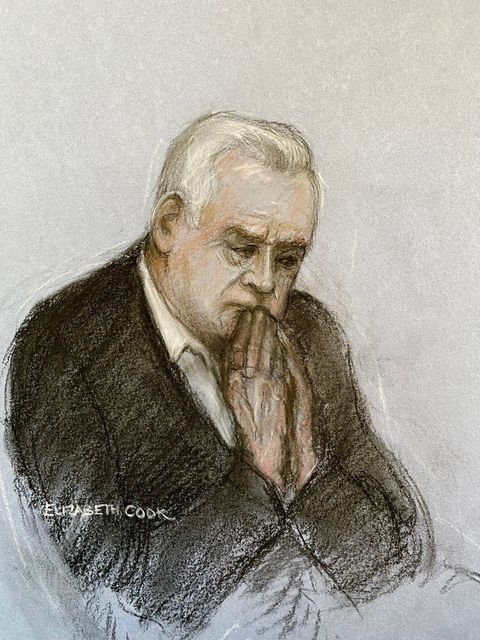 Court artist drawing by Elizabeth Cook of former BBC broadcaster Huw Edwards in the dock at Westminster Magistrates’ Court, London, during his sentencing (Elizabeth Cook/PA)