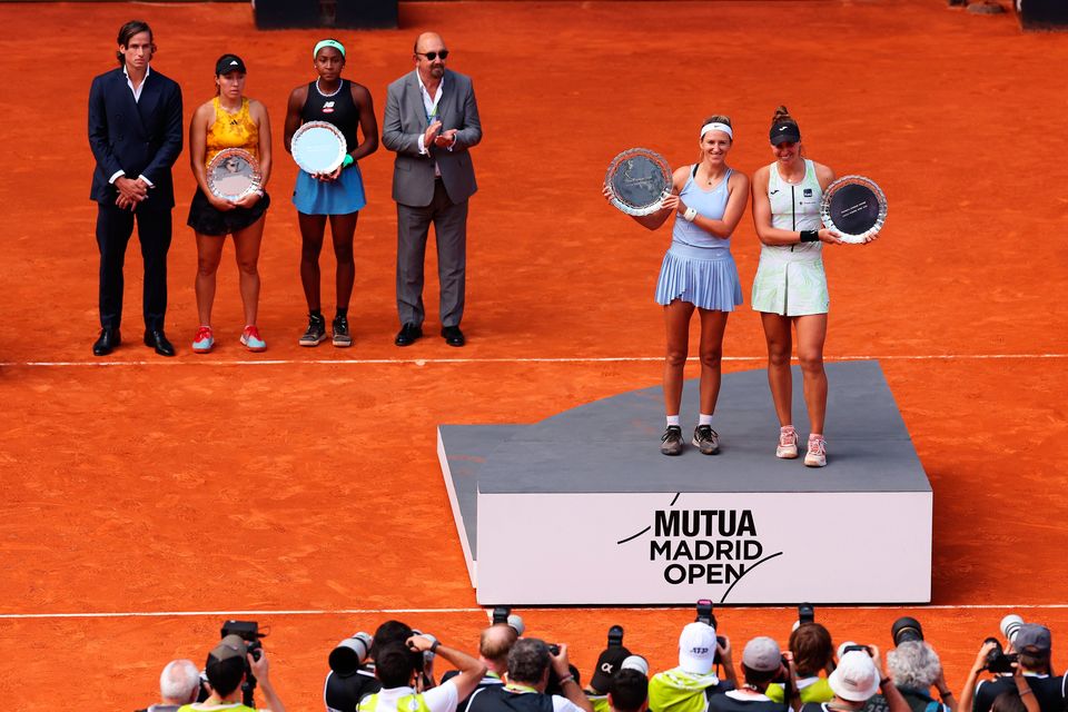 Victoria Azarenka and Beatriz Haddad Maia after winning the women's doubles at the Madrid Open on Sunday.