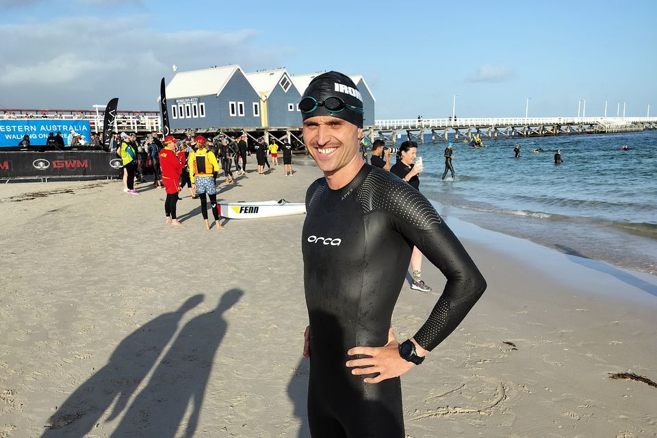 Ironman Aichlinn O'Reilly after he finished in Busselton, south of Perth, in Australia
