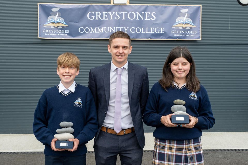 Buaic Chloch Students of the Year (1st year) Jack Deegan and Alannah Pappas, with year head Mr Aaron Creavin.