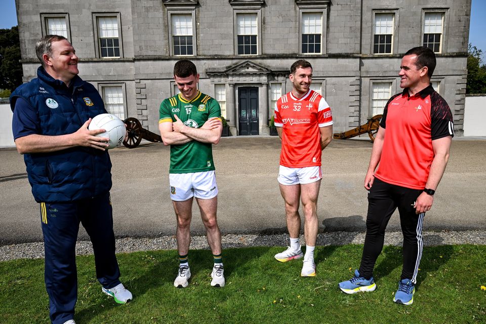 Meath manager Robbie Brennan and captain Eoghan Frayne (left) with Louth captain Sam Mulroy and manager Ger Brennan (right) at Oldbridge House. The Leinster SFC final gives Louth the chance to right the wrongs of 2010. Photo: Stephen McCarthy/Sportsfile