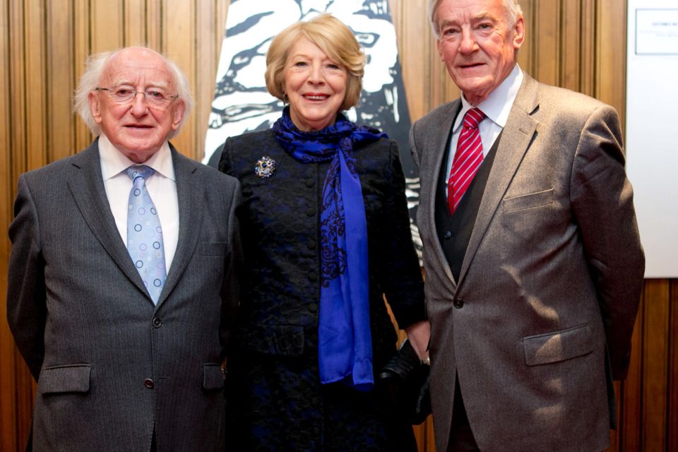 President Michael D Higgins and his wife Sabina with Dr Brian McMahon Chairman of the Abbey Theatre on the opening night of Othello