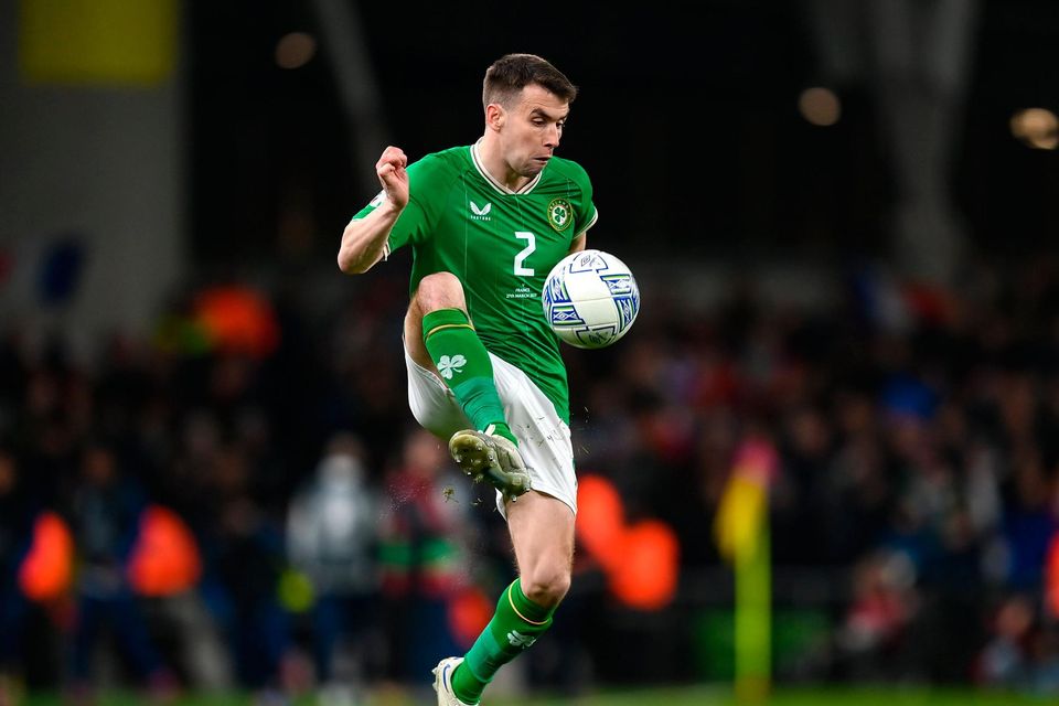 Séamus Coleman control the ball during the Euro 2024 qualifier defeat to France at Aviva Stadium in Dublin. Photo by Stephen McCarthy/Sportsfile