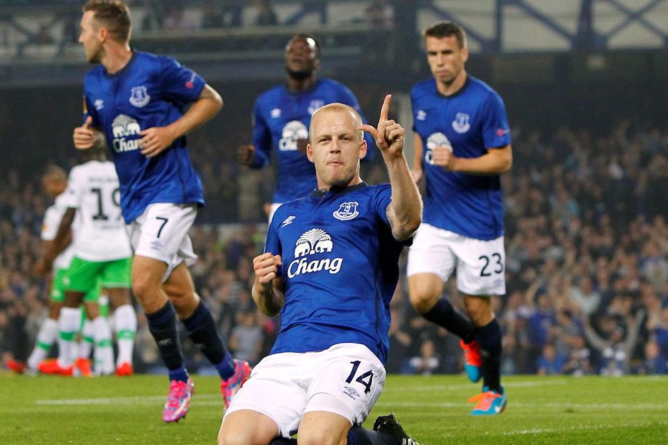 Everton's Steven Naismith celebrates scoring his sides first goal of the game during the UEFA Europa League Group H match against Wolfsburg. Photo credit: Peter Byrne/PA Wire.